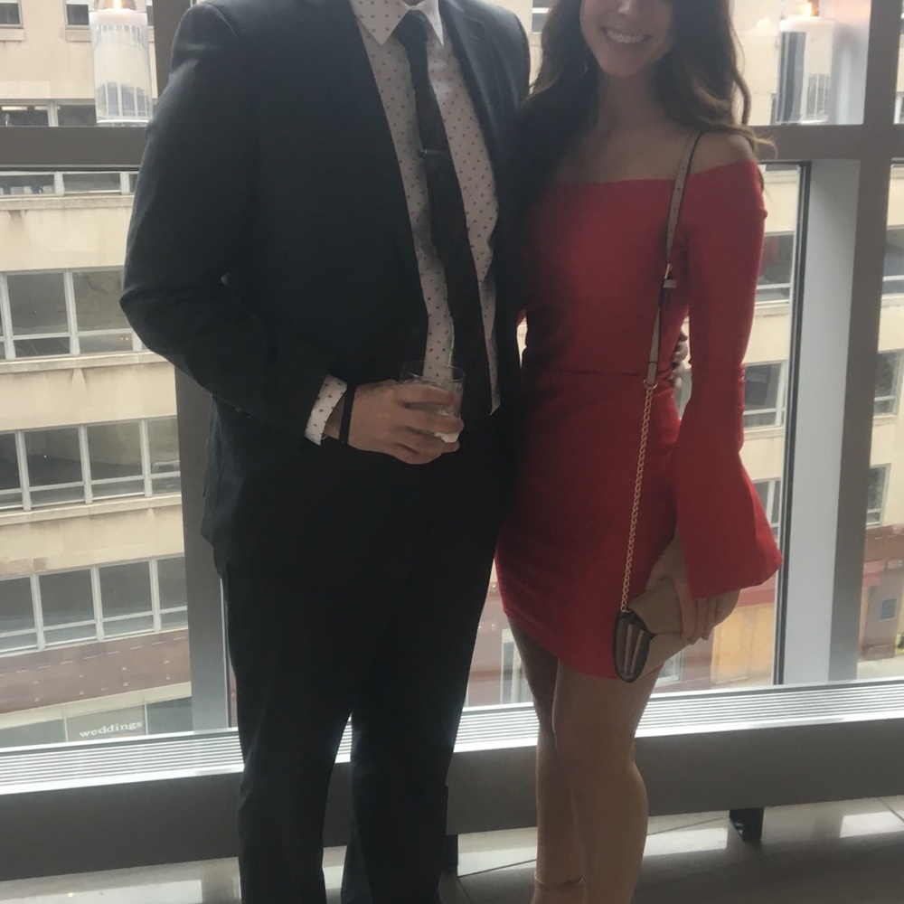 Red off the shoulder body con dress
